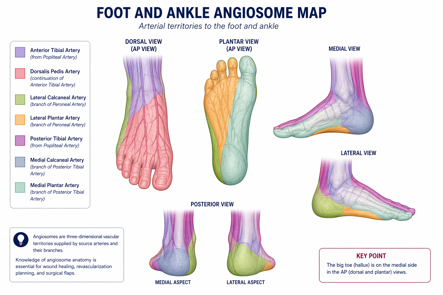 Angiosome map of the foot and lower leg showing territories supplied by the anterior tibial, posterior tibial, and peroneal arteries — used to guide below-the-knee revascularization in critical limb ischemia