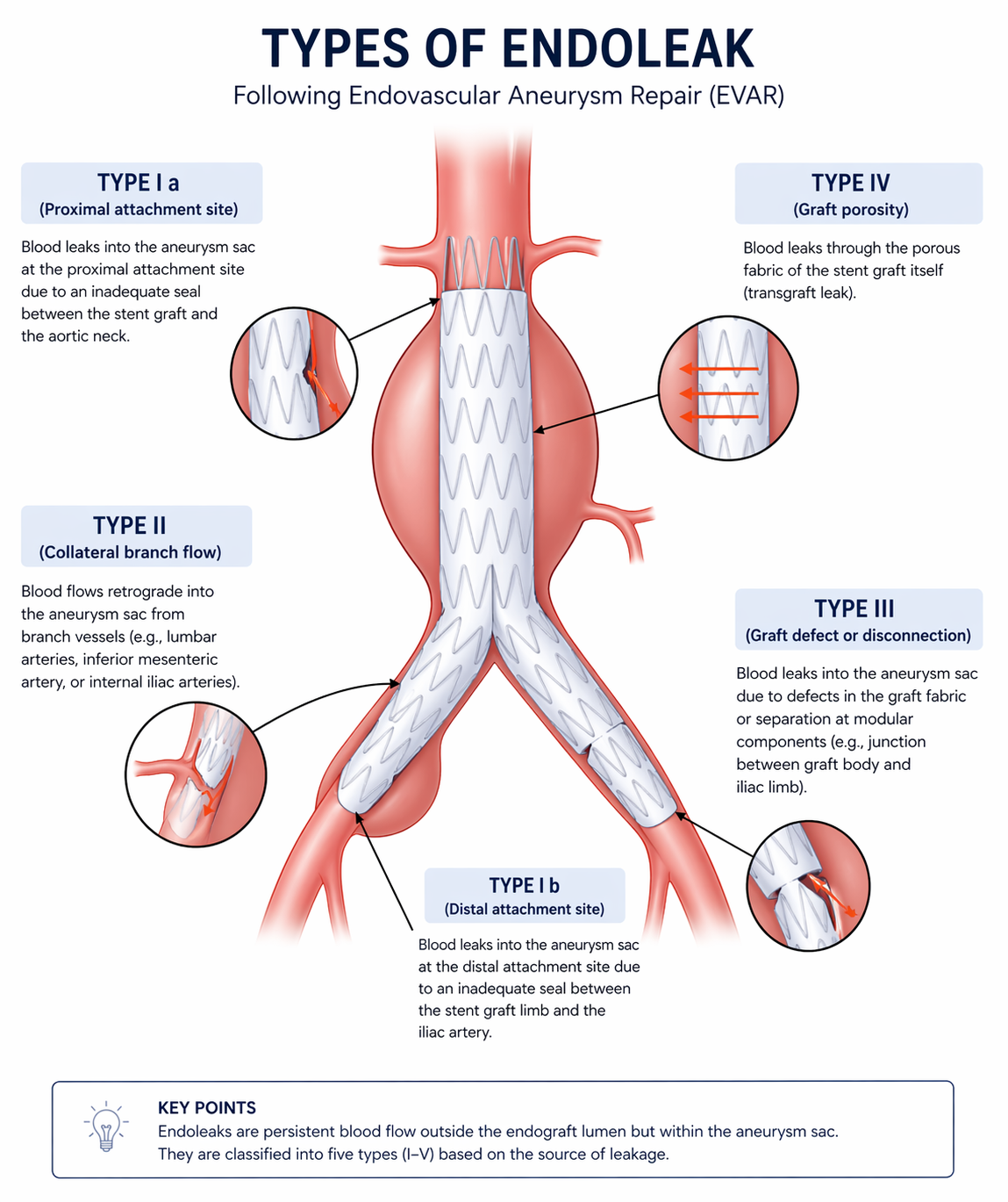 Endoleak classification diagram for TEVAR and EVAR showing types I through V with mechanisms and anatomic locations
