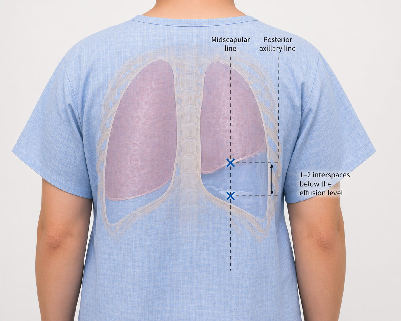 Thoracentesis access site — midscapular to posterior axillary line, 1–2 interspaces below the effusion level