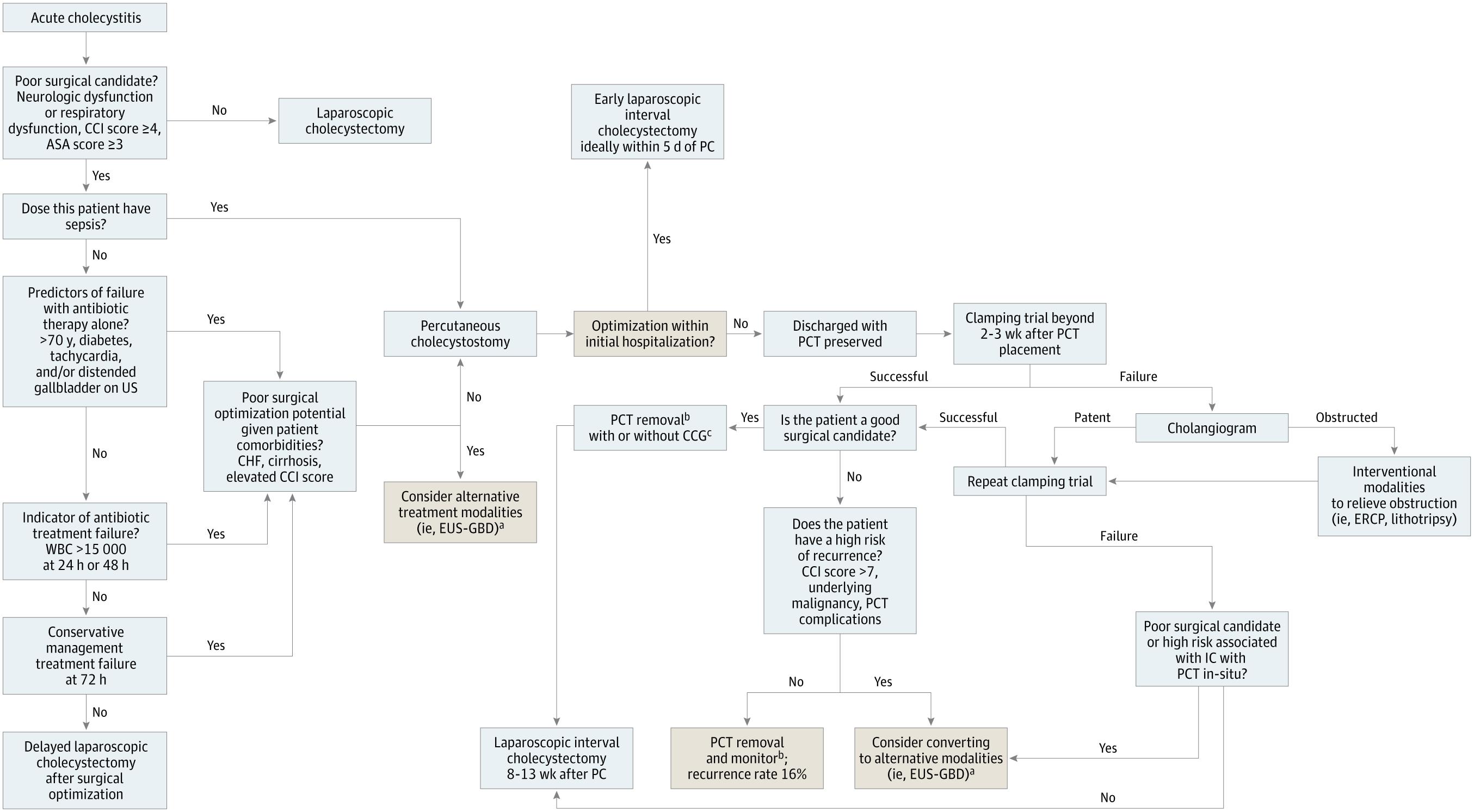 Evidence-based management algorithm for percutaneous cholecystostomy in acute cholecystitis — stratified by surgical candidacy, sepsis, and disease severity (JAMA Surgery 2025)